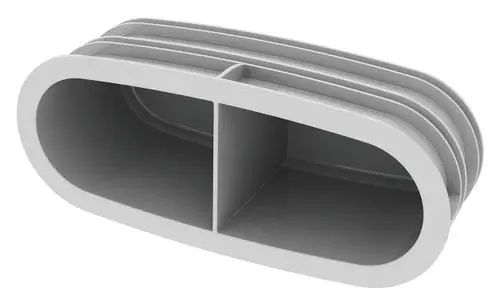 Vaillant Blinddeckel Anschlussstutzen für Niedrigbau-Luftverteiler in ovaler Form, mit zwei Fächern zur sicheren Abdeckung und Luftverteilung, auf weißem Hintergrund.
